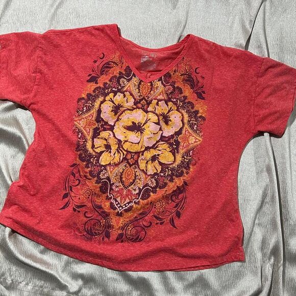 Coral Y2K style floral graphic short sleeve size 1X - Picture 1 of 6